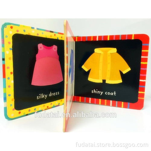 FDT customized interesting and cheap baby touch and feel board book printing with cloth
